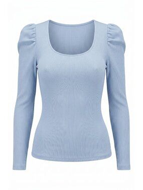 NWT Nine West Ladies Size XS Light Blue Ribbed Puff Sleeve Sweetheart Top